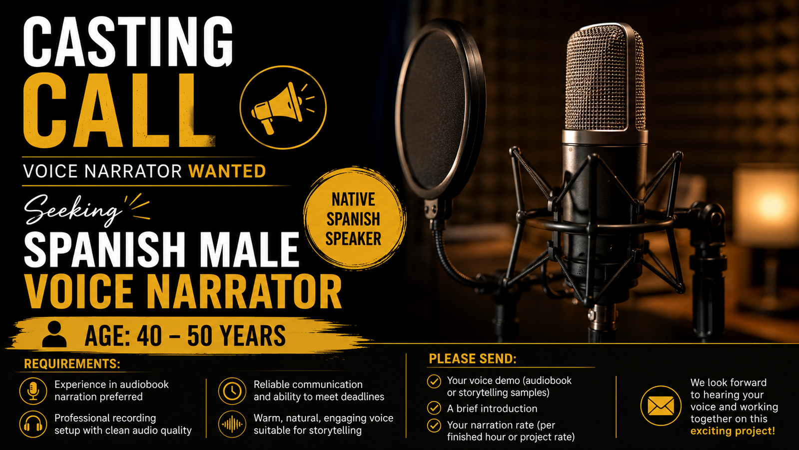 I’m seeking a male voice narrator age 40-50 for this project.