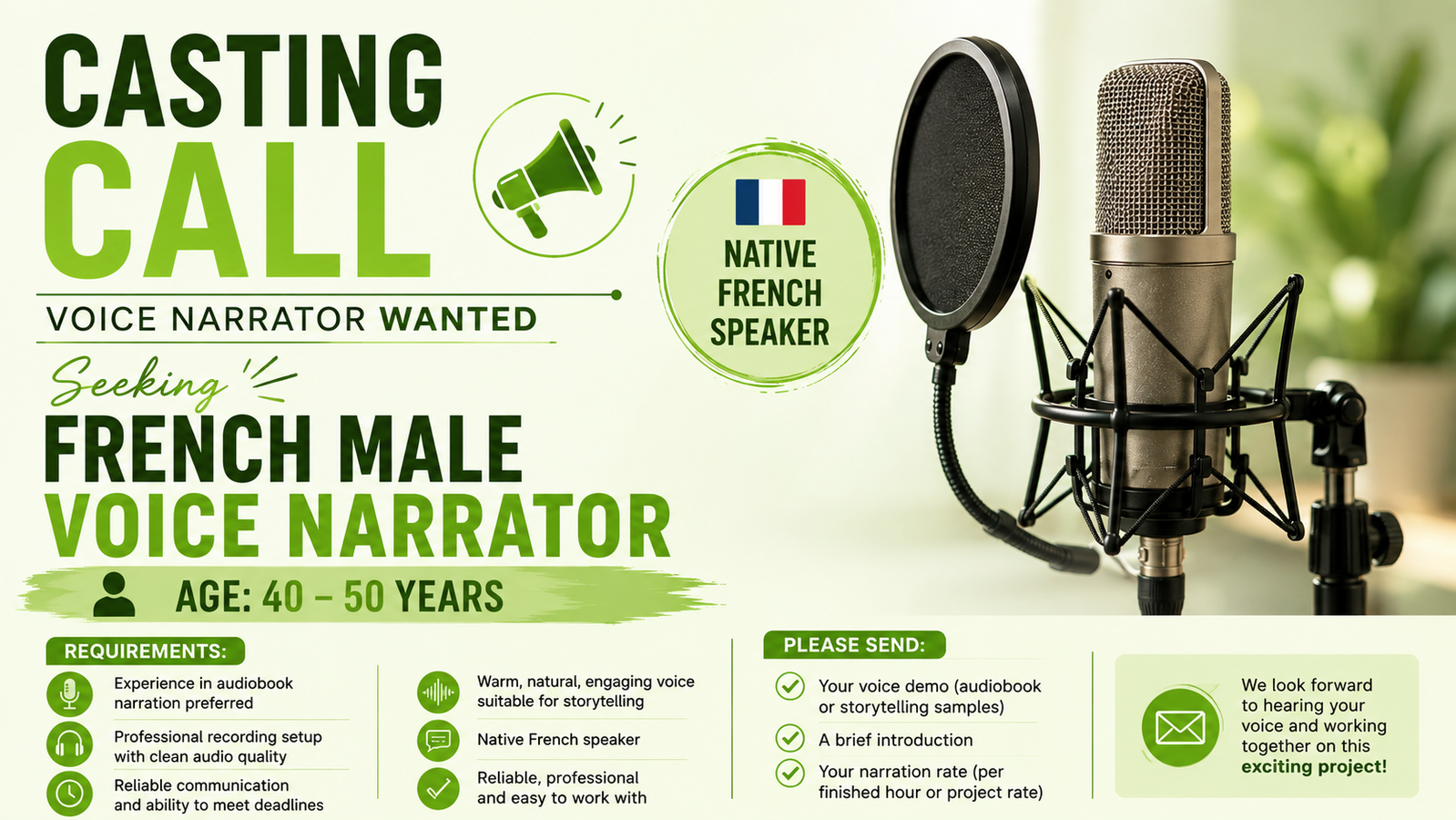 I’m seeking a male voice narrator age 40-50 for this project. copy